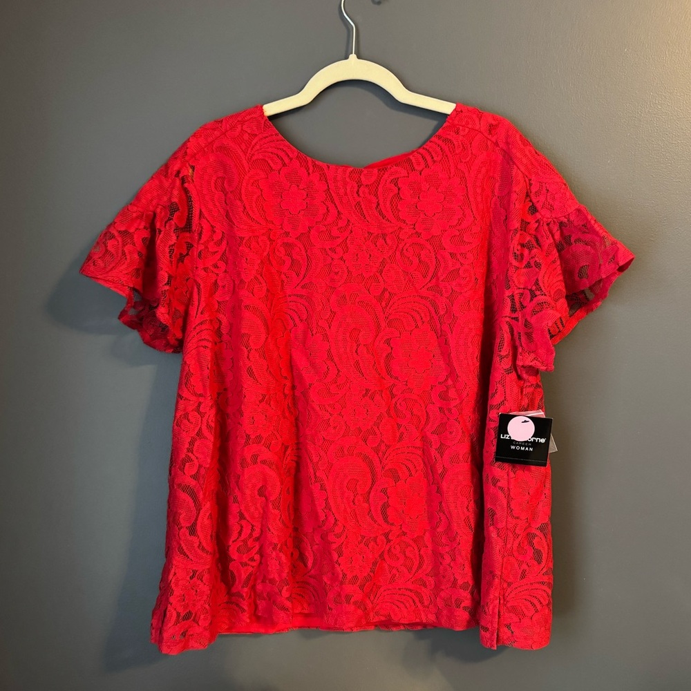 Liz Claiborne Women's Red Lace Short Sleeve Blouse 2X NEW with tag XXL